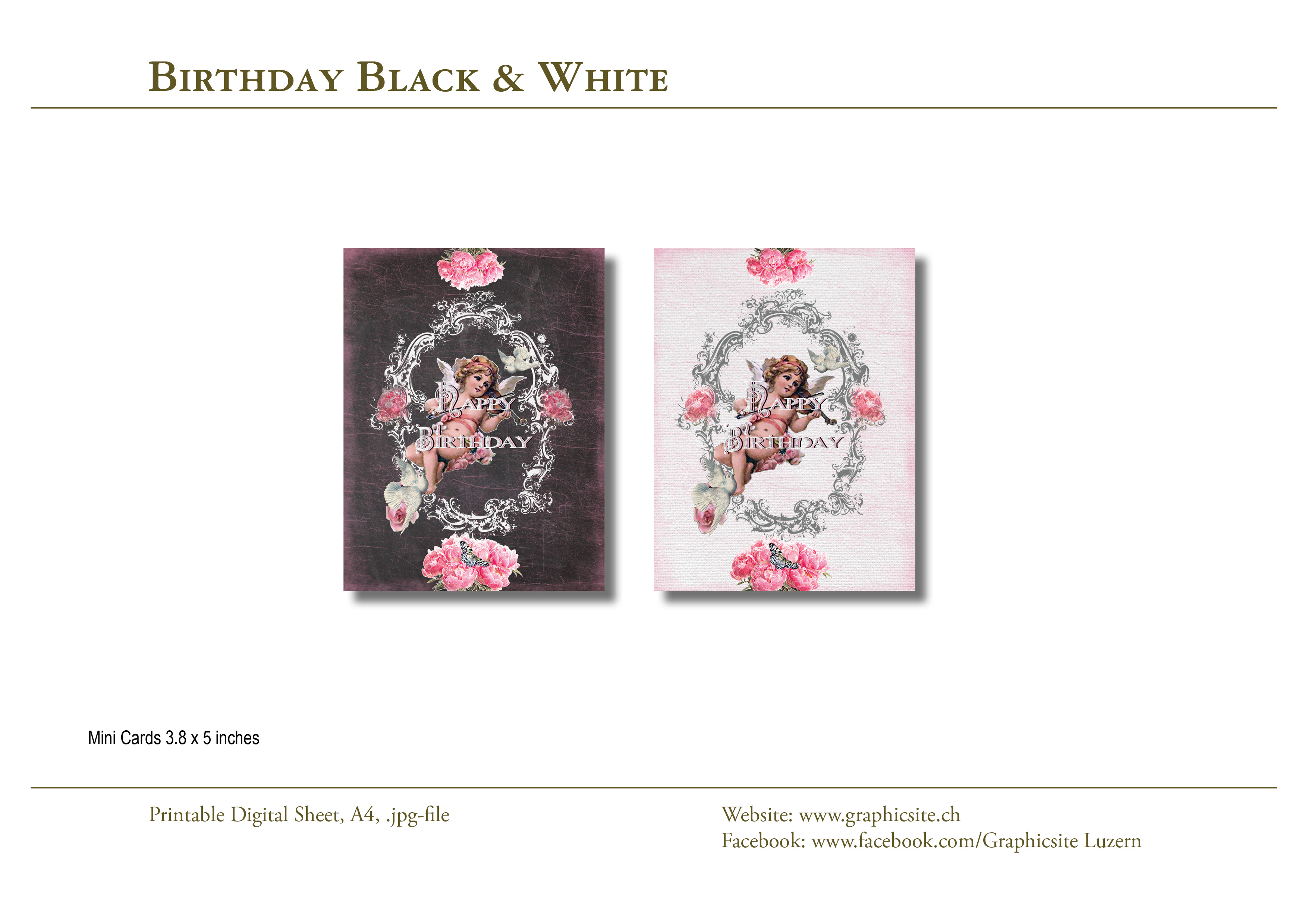 Printable Sheets - 3.8 Mini Cards - Birthday - BlackWhite, Angel, Roses